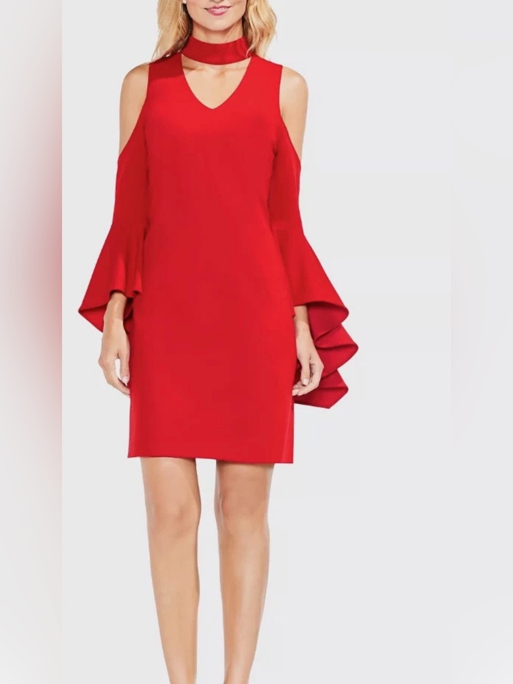 VINCE CAMUTO Red Choker Bell Sleeves Cold-Shoulder Chiffon Dress